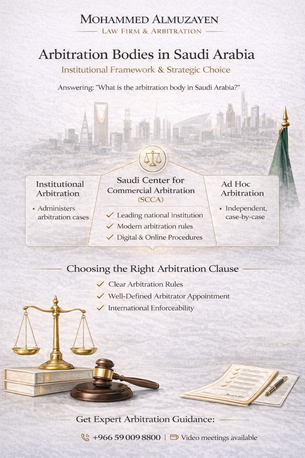 Infographic explaining arbitration bodies in Saudi Arabia, including SCCA, Riyadh Chamber arbitration, online arbitration (ODR), and arbitration clause essentials
