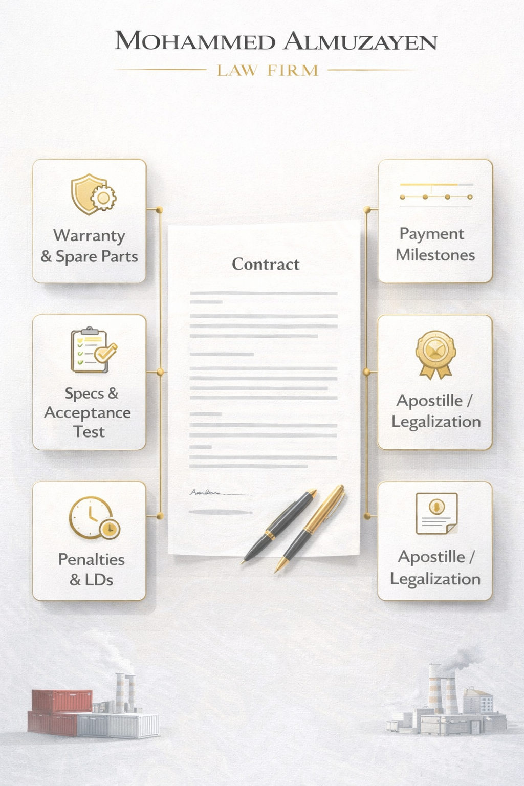 إنفوجرافيك يوضح أهم بنود عقد مع شركة صينية لتوريد وتركيب وتشغيل المعدات الصناعية والضمان والغرامات والتوثيق