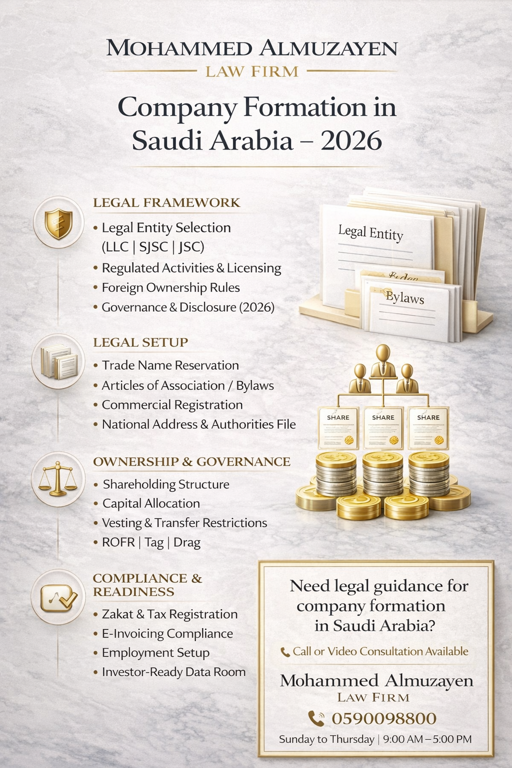 تأسيس شركة في السعودية 2026 – اختيار الكيان (LLC/SJSC/JSC) وخطوات التأسيس والحوكمة والامتثال