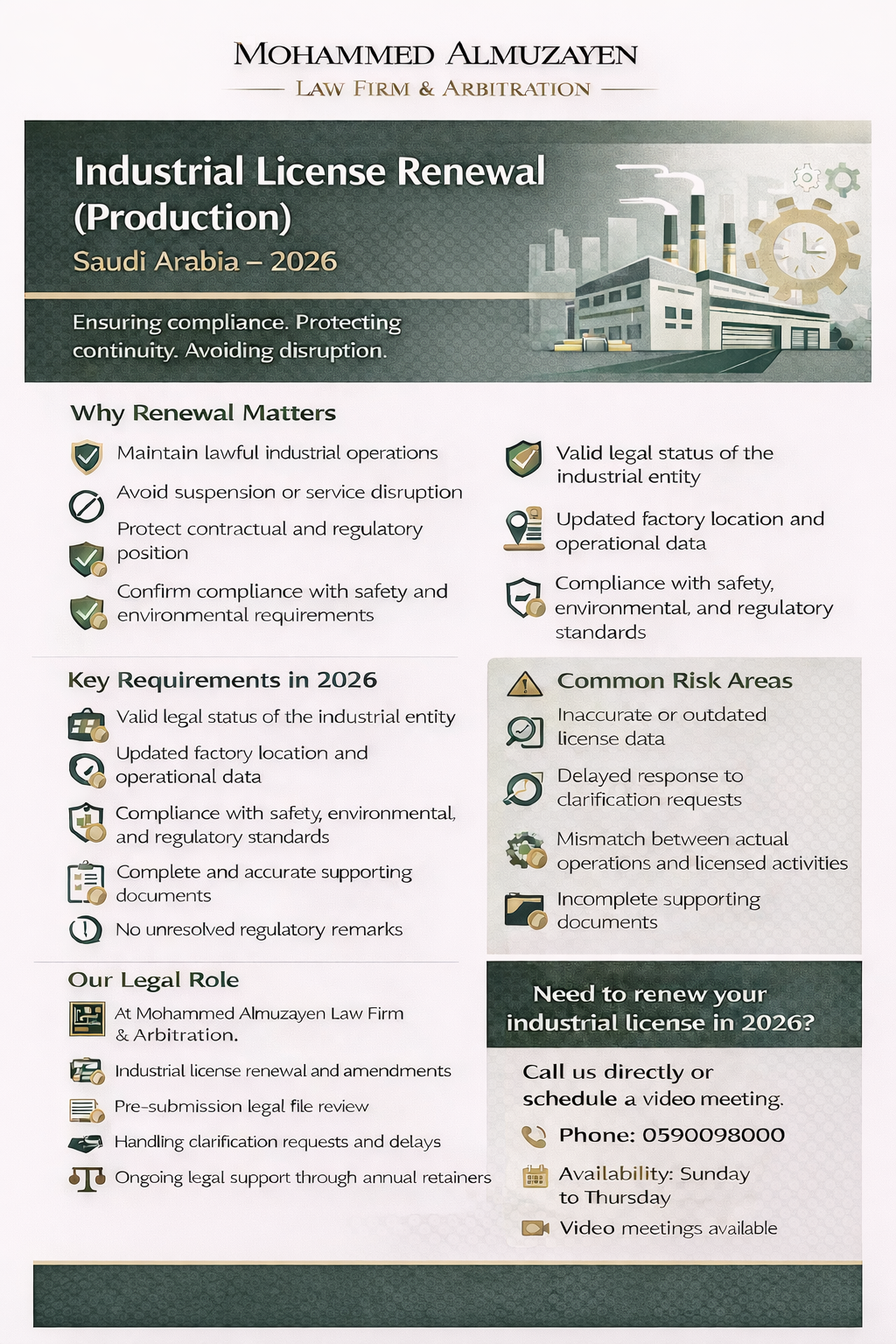Industrial License Renewal (Production) in Saudi Arabia 2026 infographic – requirements, steps, risks, and call 0590098800